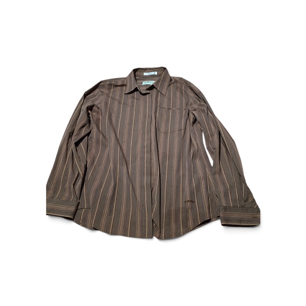 Orvis Brown Striped Long Sleeve Button‎ Up Shirt Wrinkle Free Size 12 Womens
